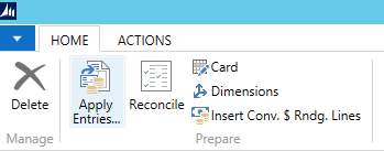 Apply Entries - NAV ribbon - Accounts Payable and Receivable