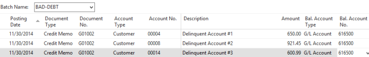 NAV bad debt journal batch - Accounts Payable and Receivable