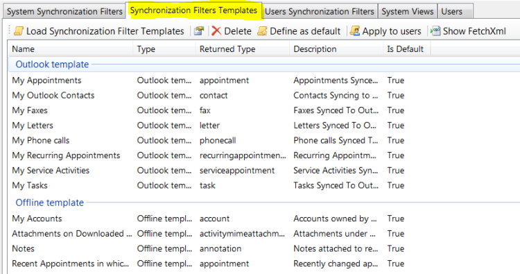 CRM for Outlook synchronization filter templates