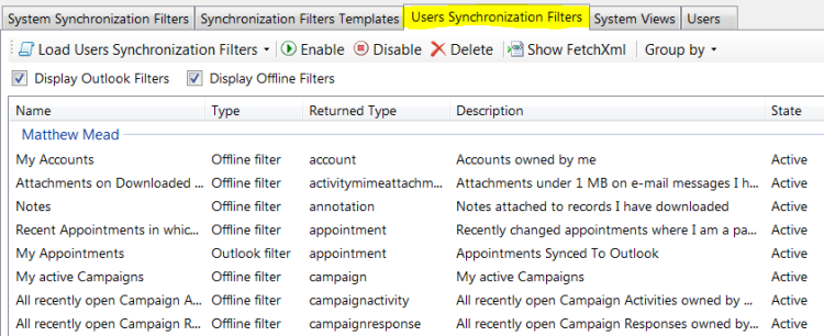 CRM for Outlook users synchronization filters