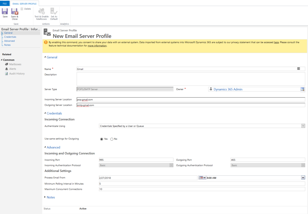 New Email Server Profile