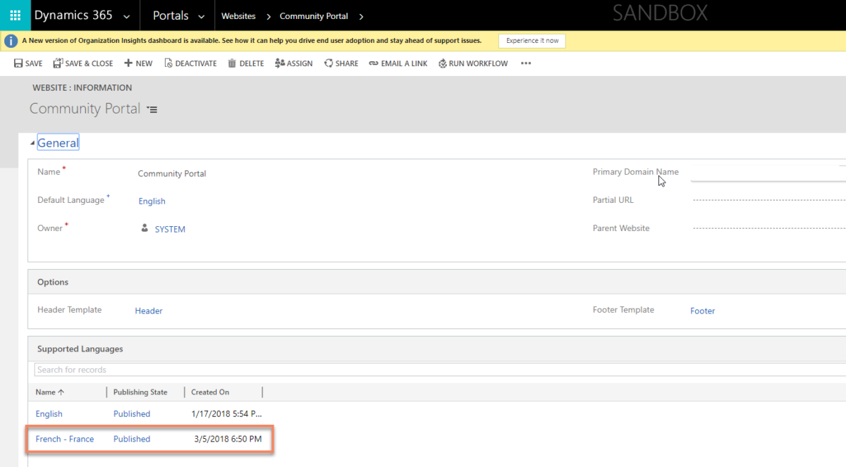 Configure a Dynamics 365 Portal: Add French 2