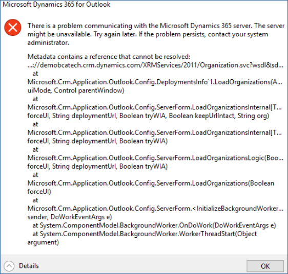 D365 for Oulook error message