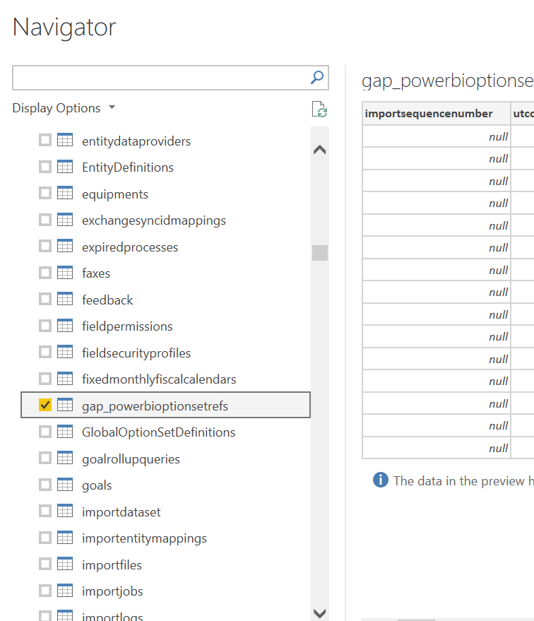 Load Power BI Option Set Data set