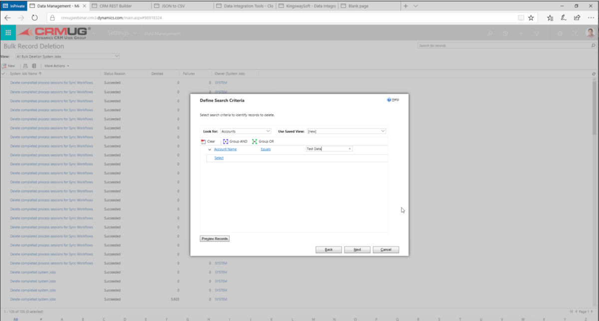 bulk data deletion for data management in Dynamics 365