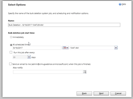 bulk data deletion job schedule in dynamics 365
