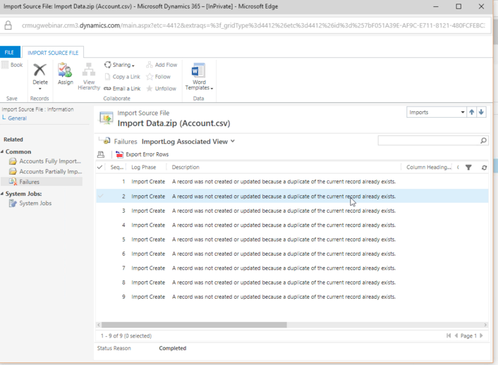 duplicate data detection job failed import error in Dynamics 365