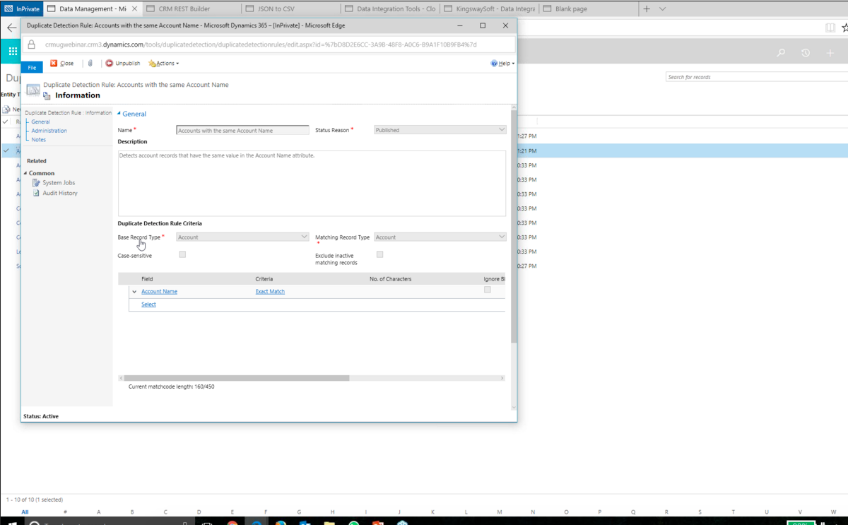 duplicate data management detection rules in Dynamics 365