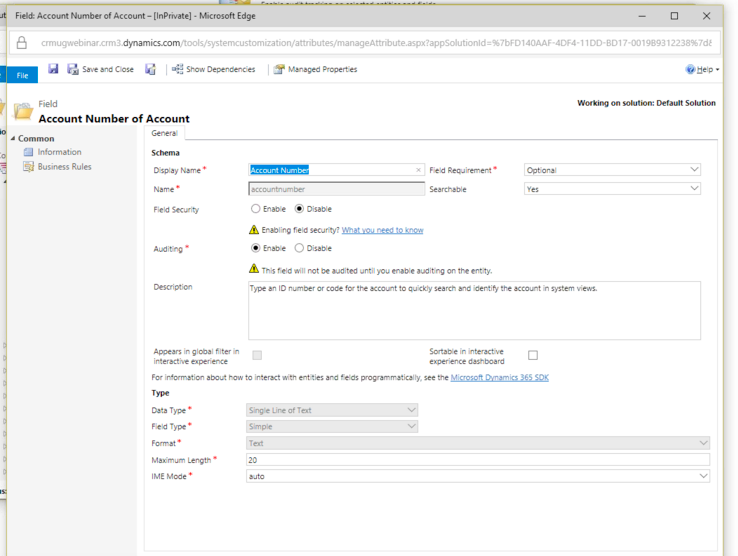 data management field level audit settings in dynamics 365