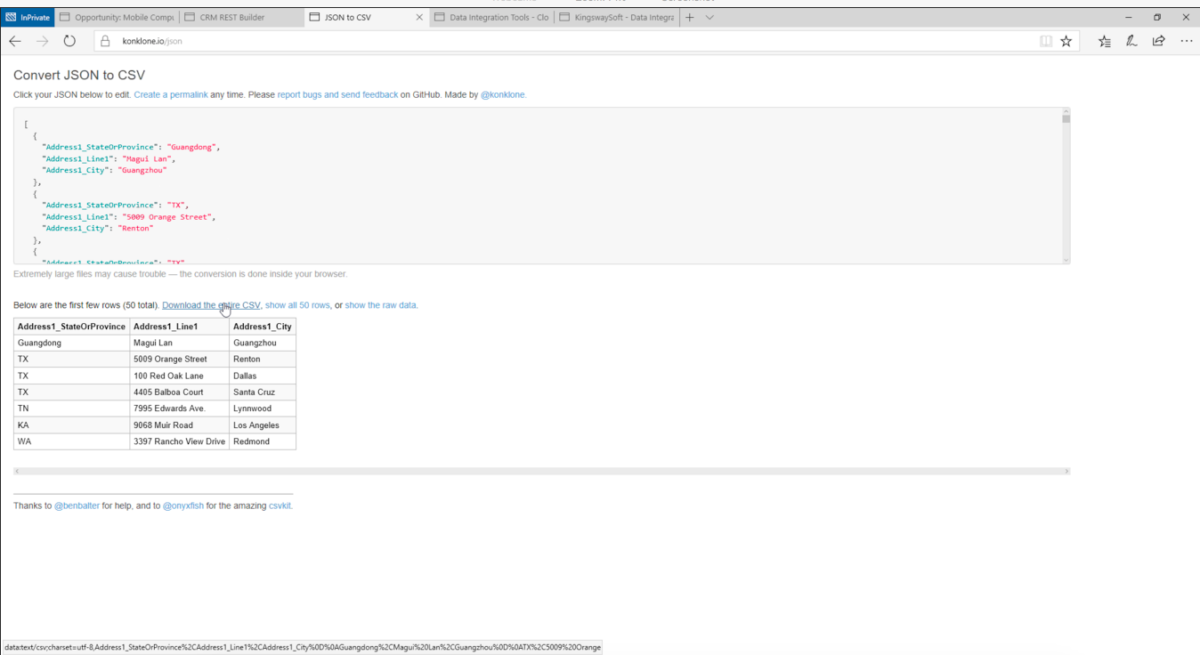 JSON to CSV api for Dynamics 365 data export