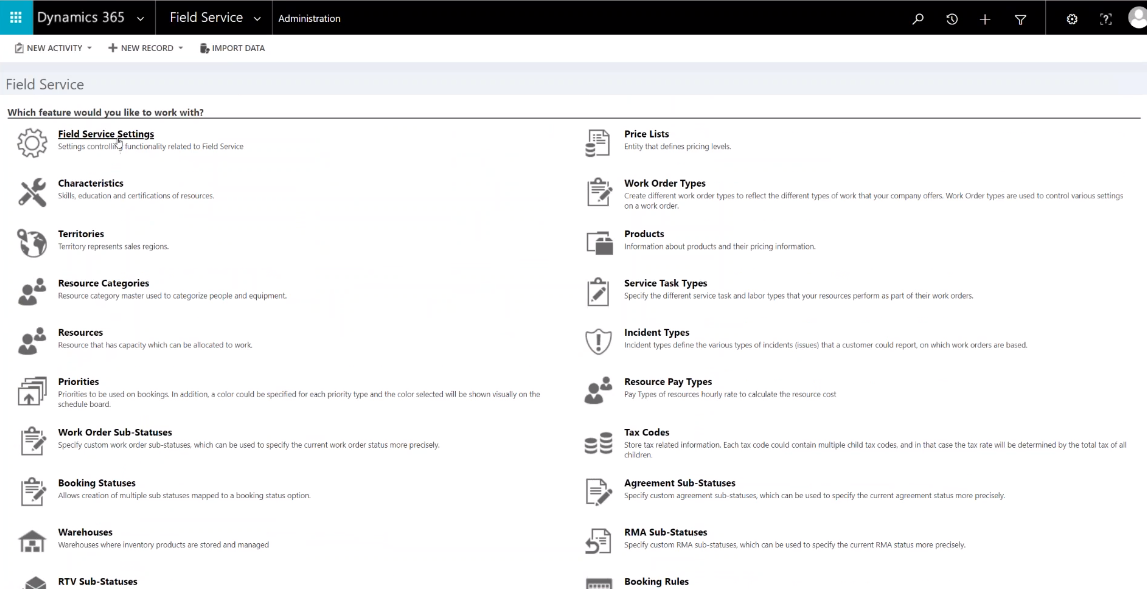 Dynamics 365 for Field Service Admin Menu