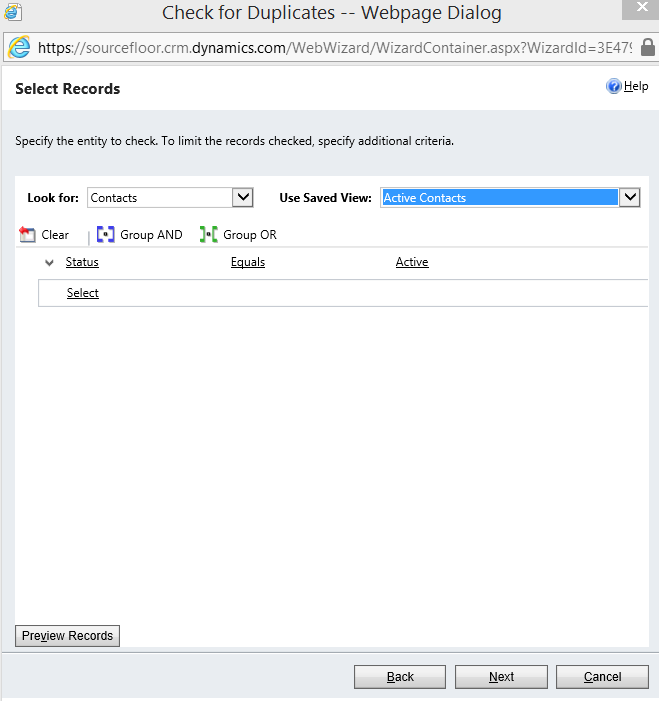 CRM Duplicates Webpage Dialog