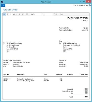 The built-in RDLC Purchase Order document