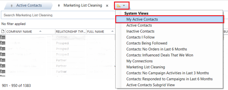 Selecting a view in CRM Outlook