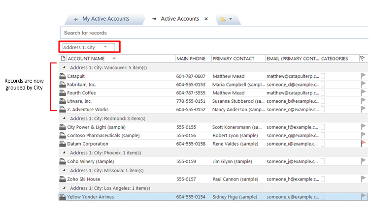 CRM Records Grouped by City