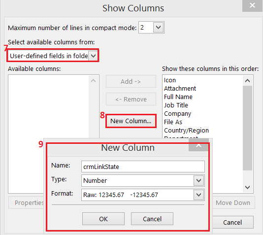 Show columns in CRM for Outlook