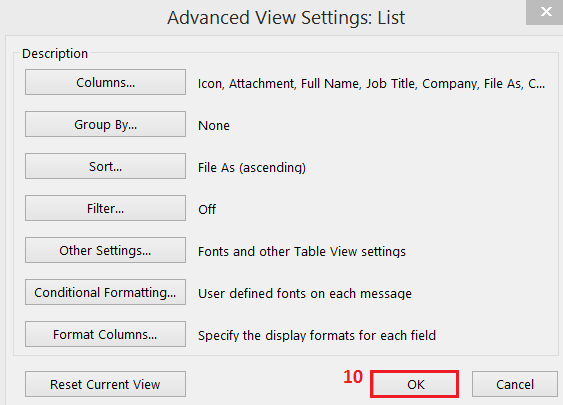 Advanced View Settings: List in Outlook