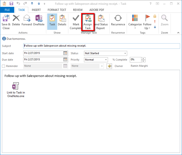 Assign OneNote Task in Outlook