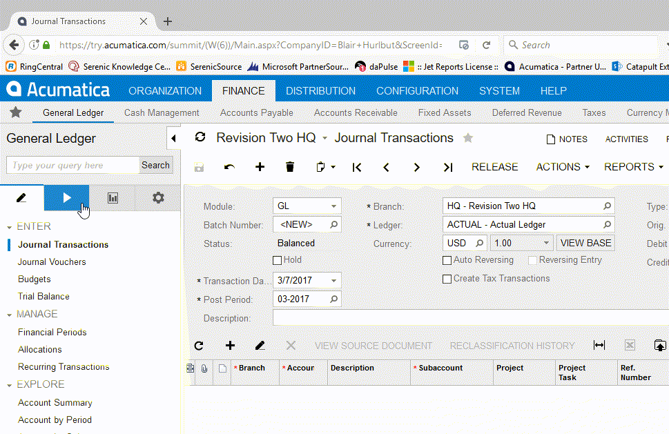 Open a New Tab Acumatica