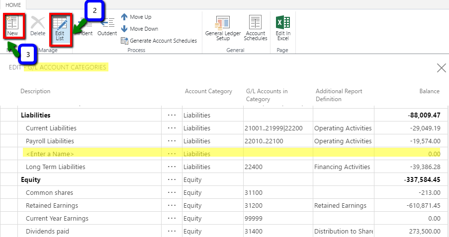 Inserting a New Line in the G/L Account Categories window in Dynamics 365 Financials