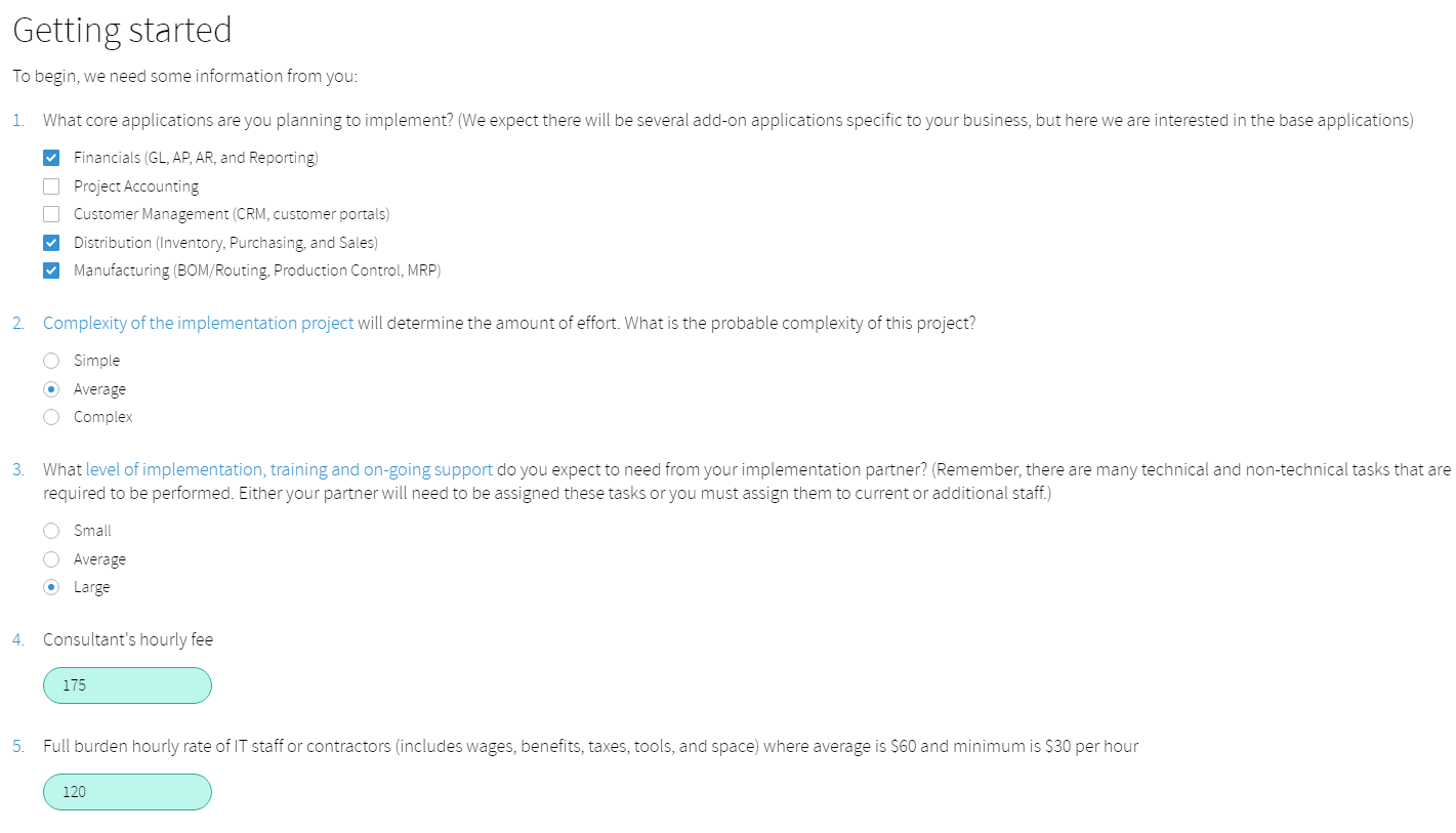 Acumatica Cloud ERP Calculator