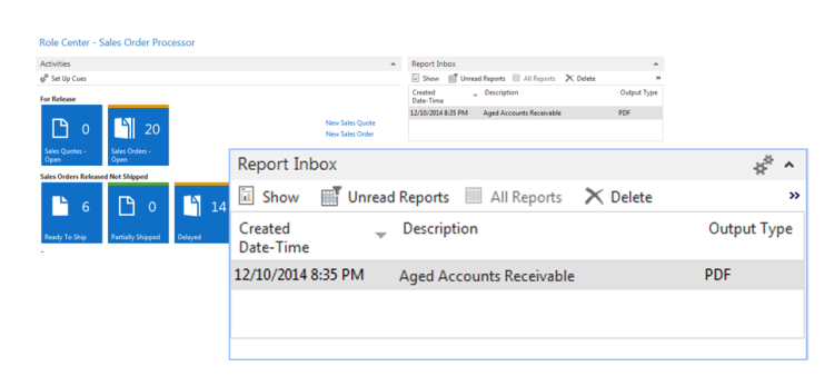 Preview of Report Inbox in Role Center NAV 2015