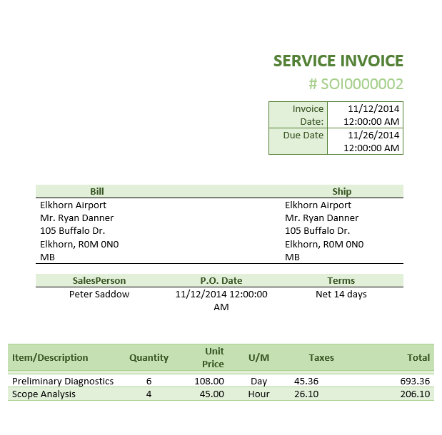 Service Invoice - Report Layout Output