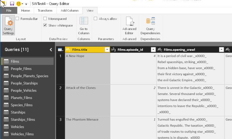 Star Wars Power BI Dashboard Query Editor