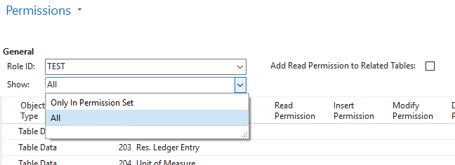 Permissions drop down NAV 2016